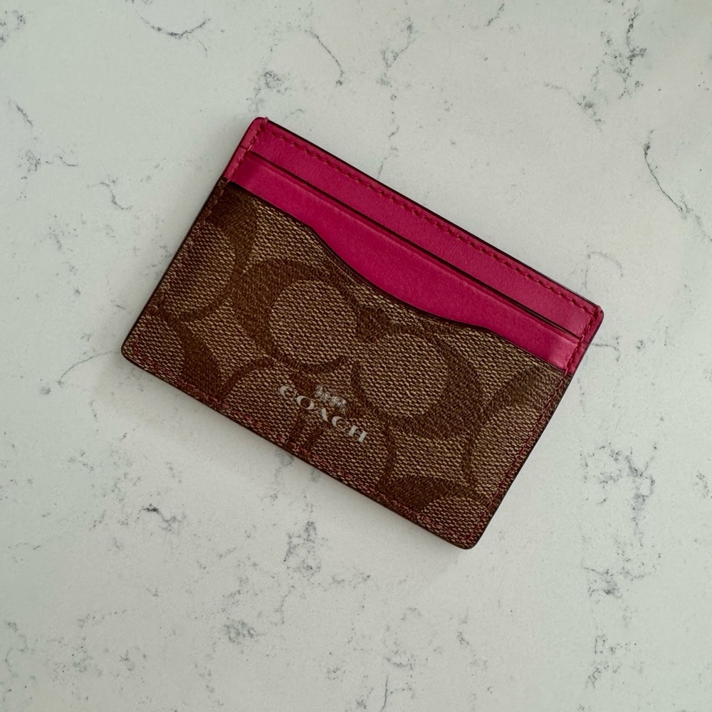 Coach Signature Canvas & Pink Leather Card Holder – Pre-Owned